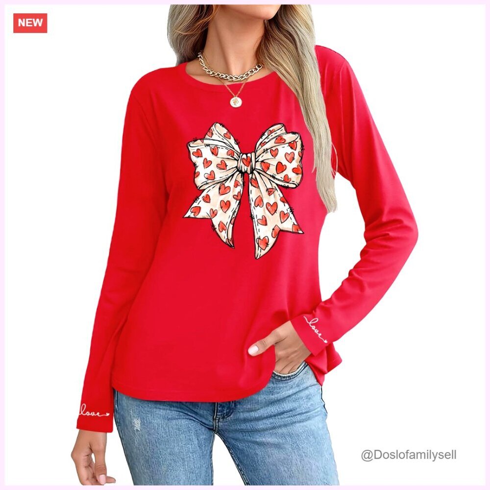 Long Sleeve Graphic Tee Valentine's Day Love Heart Novelty Top Women's